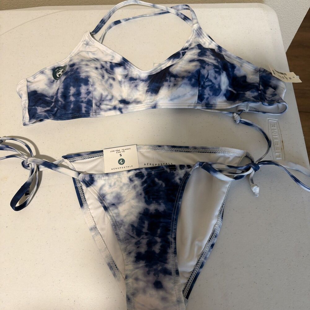 Aeropostale Bikini Set  Blue White Tie Dye Triangle Top Size L Side Tie Bottoms